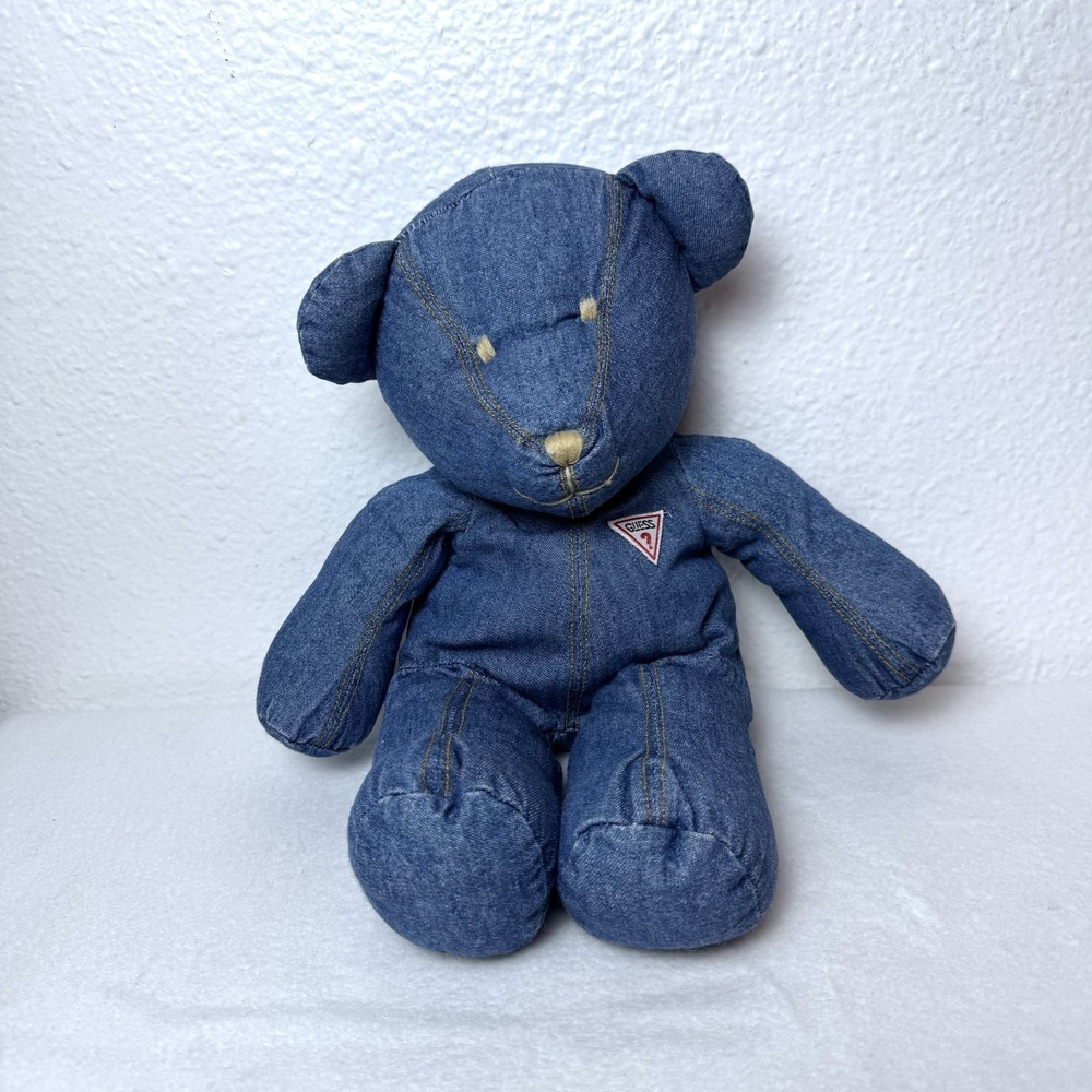 Vintage Guess Baby Denim Teddy Bear Plush Stuffed Animal Blue Jean Triangle